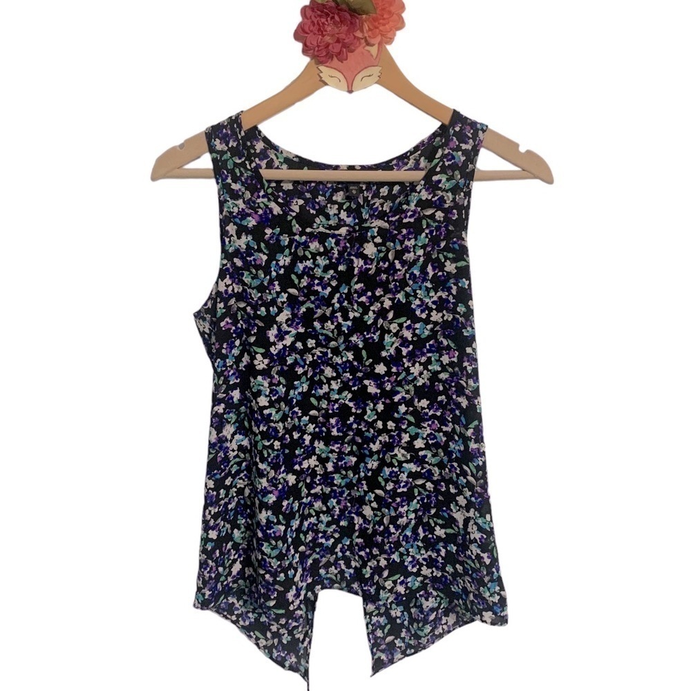 Express black and purple floral split back chiffon tank top size XS